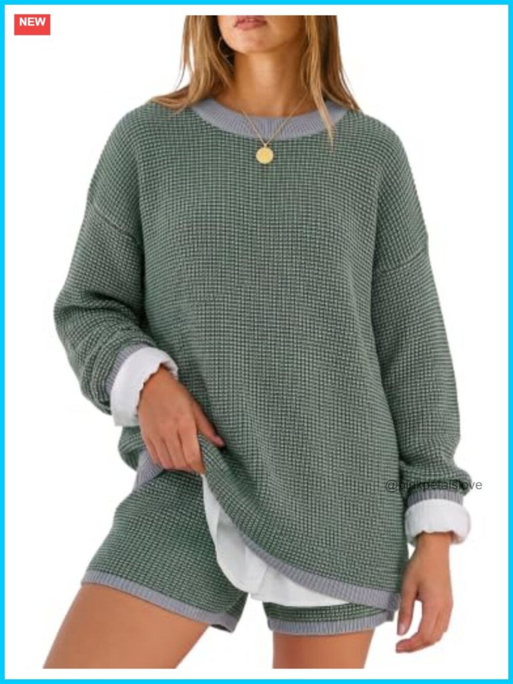 Women 2 Piece Lounge Set Crewneck Sweater Knit Shorts Pajama Casual